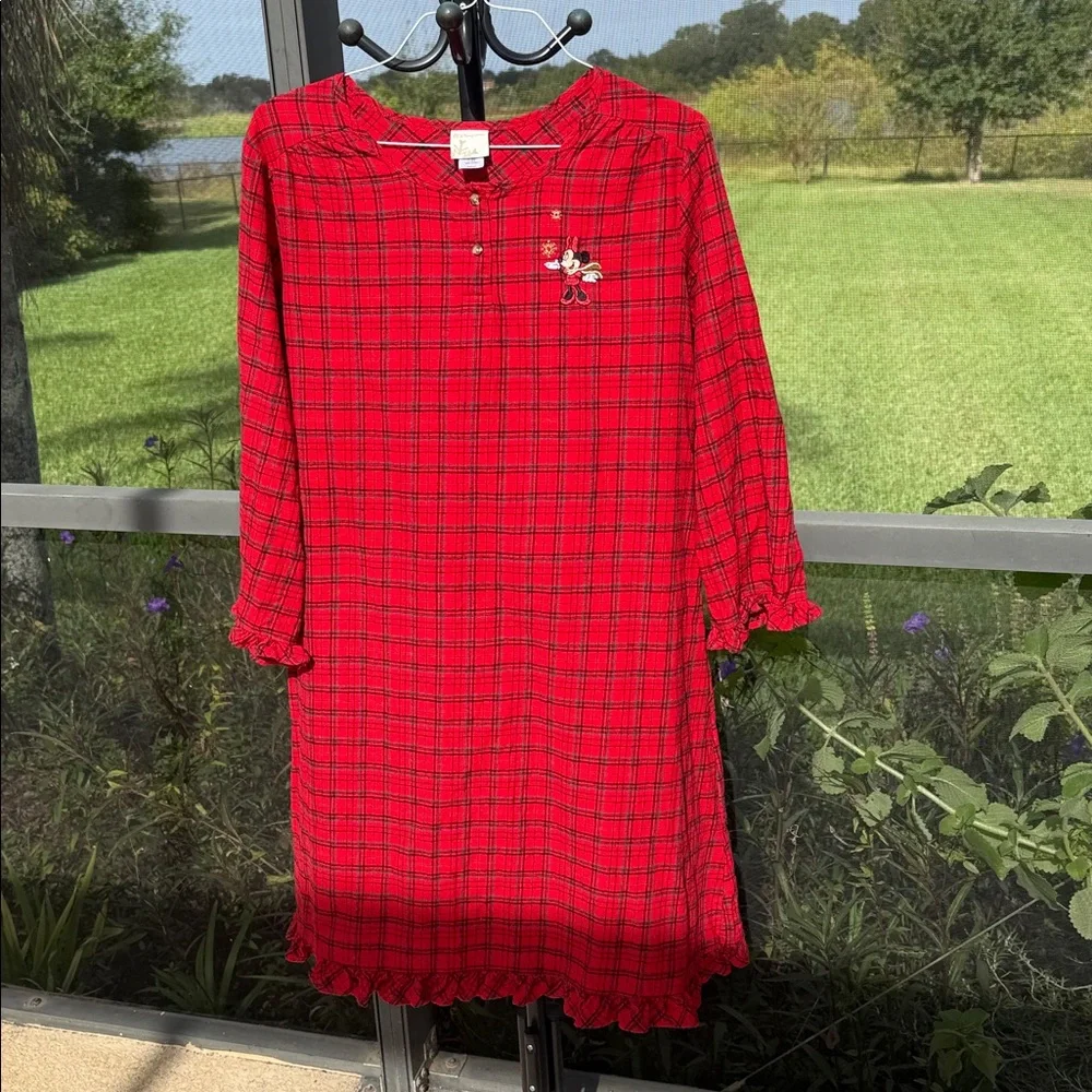 Disney woman’s Minnie Mouse large long sleeve red black ruffle plaid nightgown - Picture 2 of 5